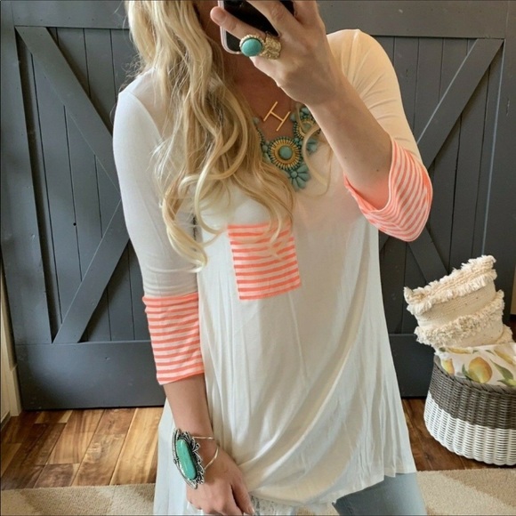 1  LEFT White Quarter Sleeve Striped Tunic Blouse - Picture 2 of 6